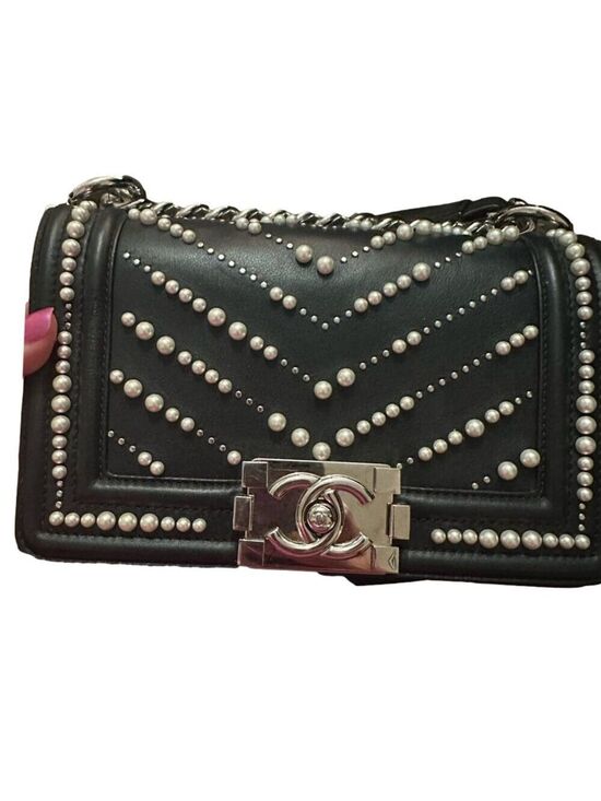 CHANEL Handbags - CHANEL Boy Bag Black Chevron with Pearls